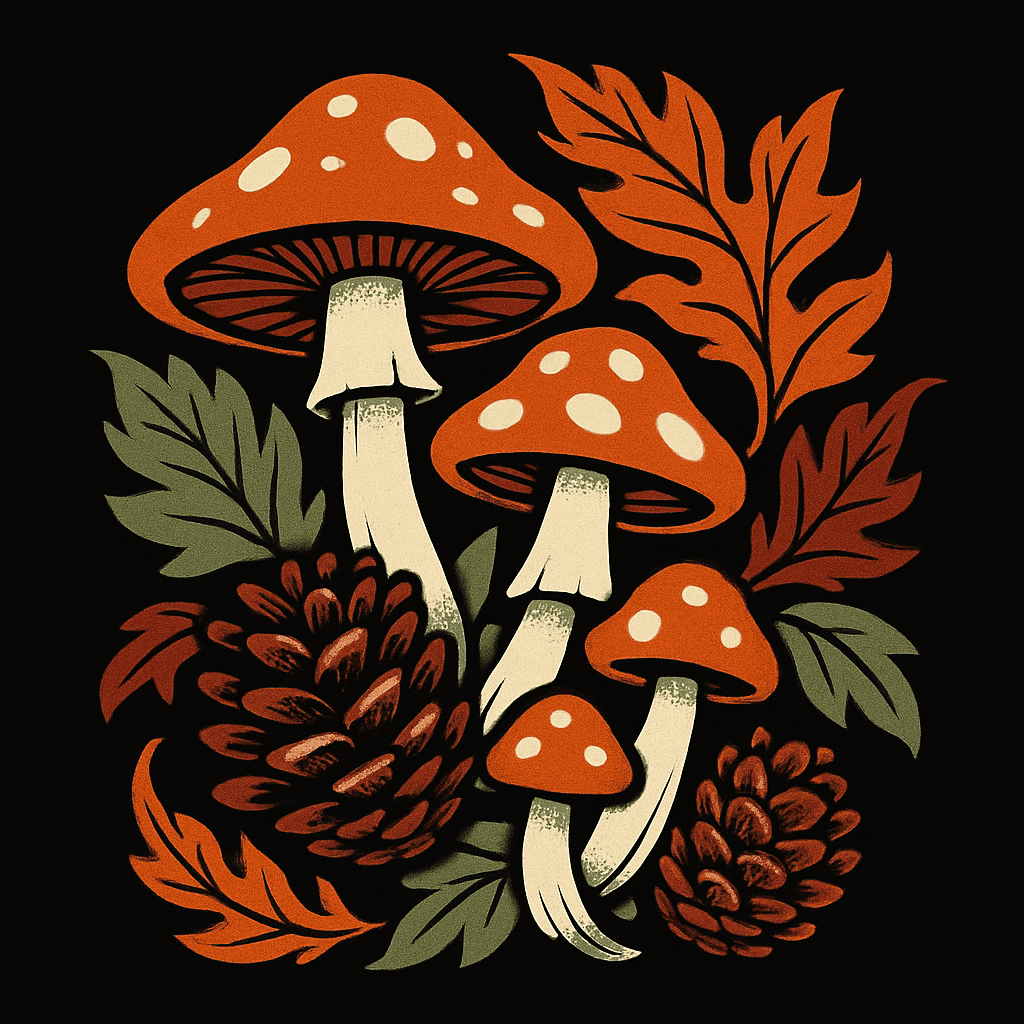 Vintage Autumn Mushrooms & Pine Cones