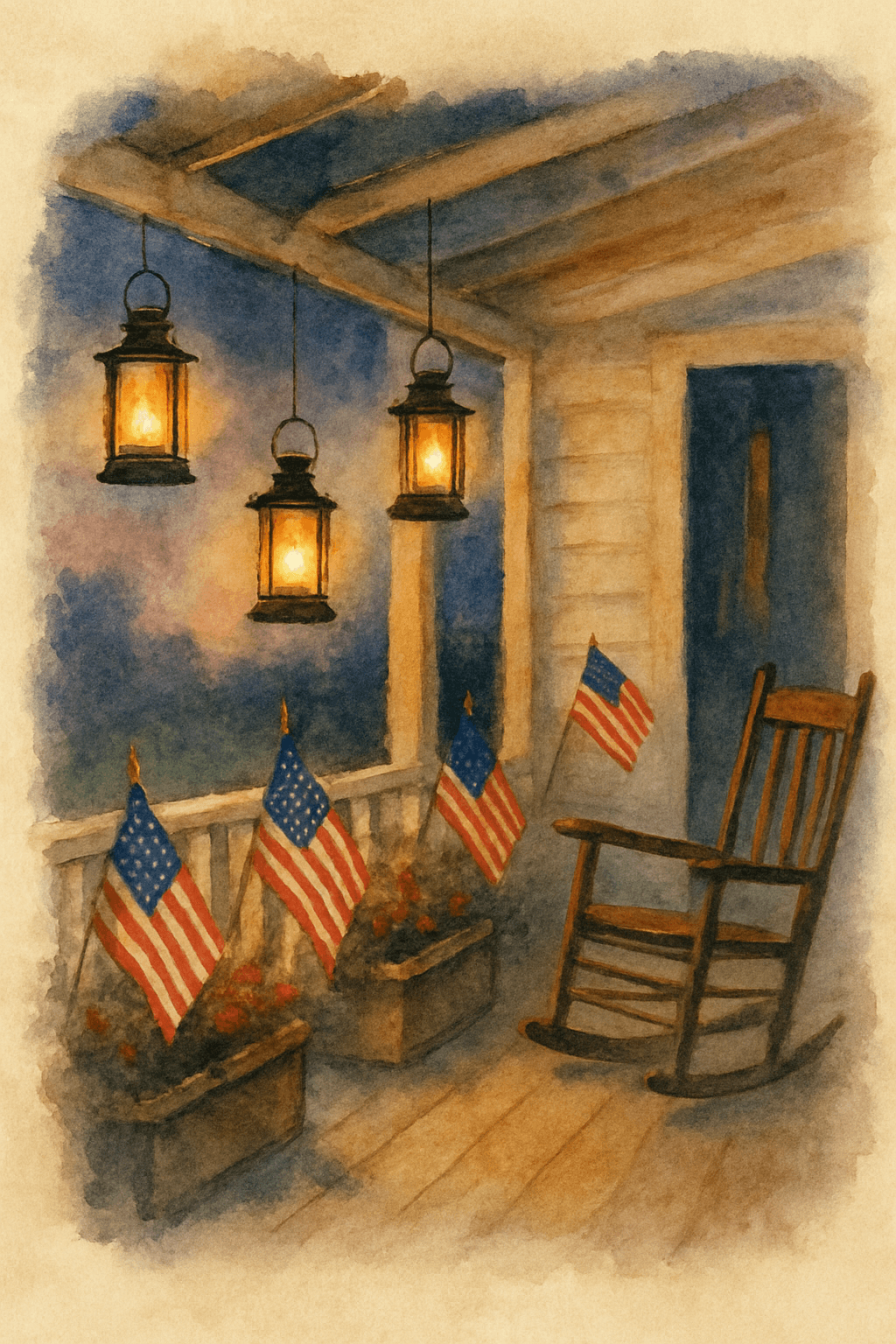 Serene Porch with Lanterns and Flags