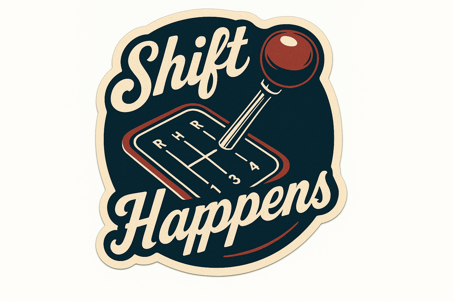 Retro Manual Gearshift Sticker with 'Shift Happens'