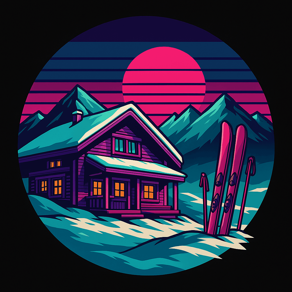 Neon Ski Lodge at Sunset in Snowy Mountains