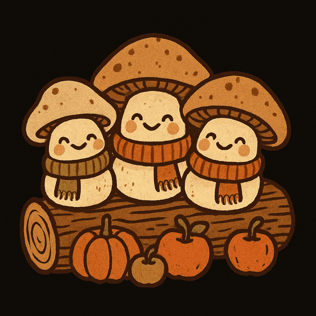 Cozy Mushroom Trio on a Log with Fall Harvest