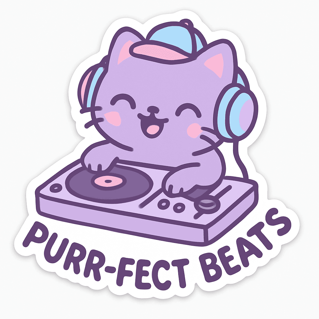 Cute DJ Cat with Headphones and Turntable