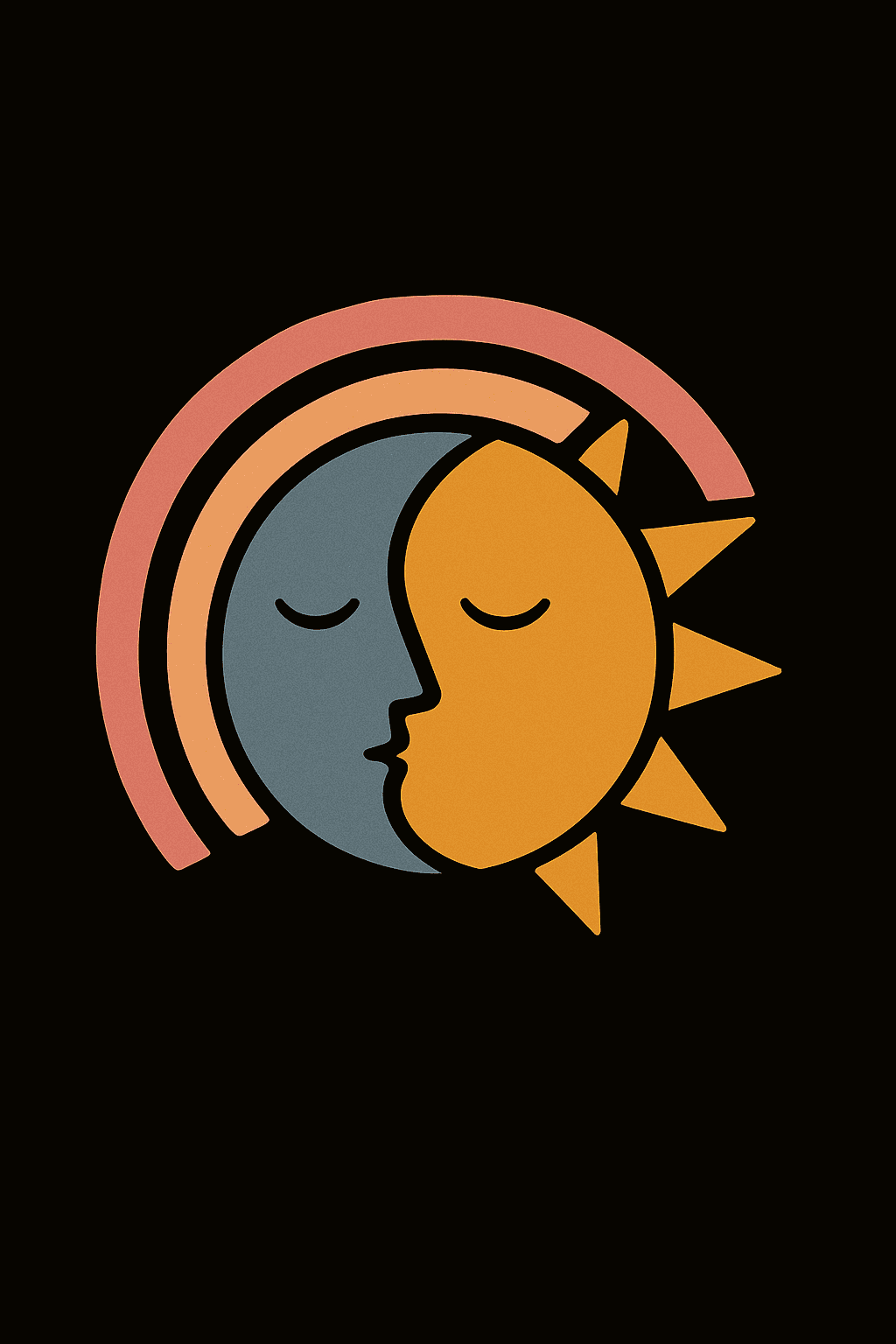 Sun and Moon Yin Yang Faces with Rainbow Arc