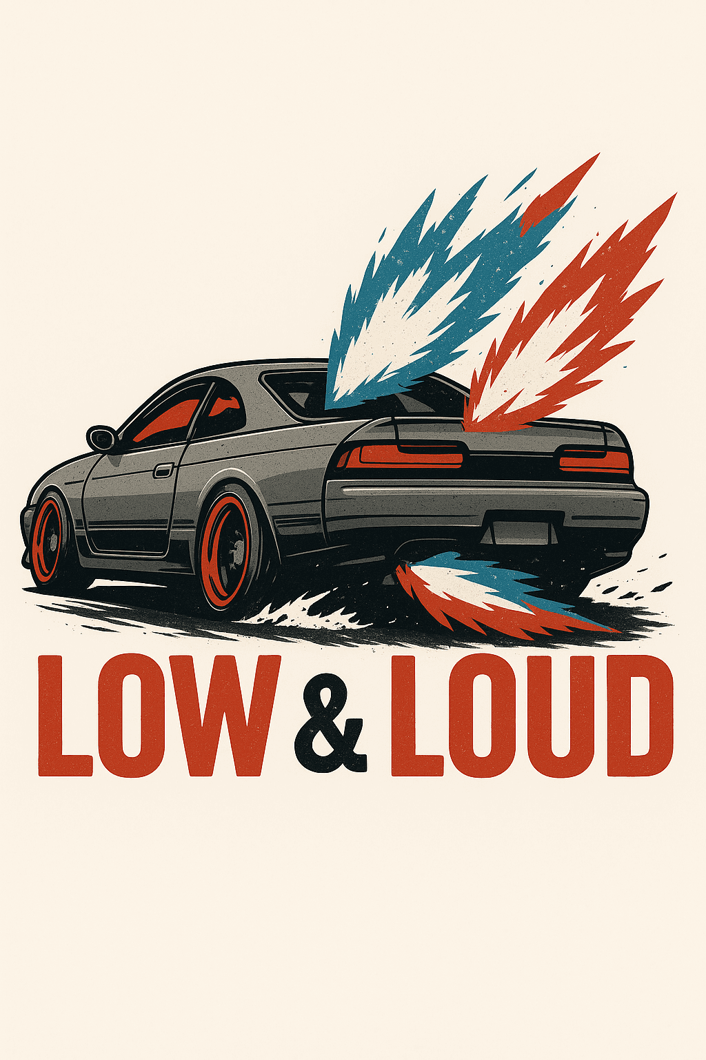Retro Drift Car with Flames and Bold Text