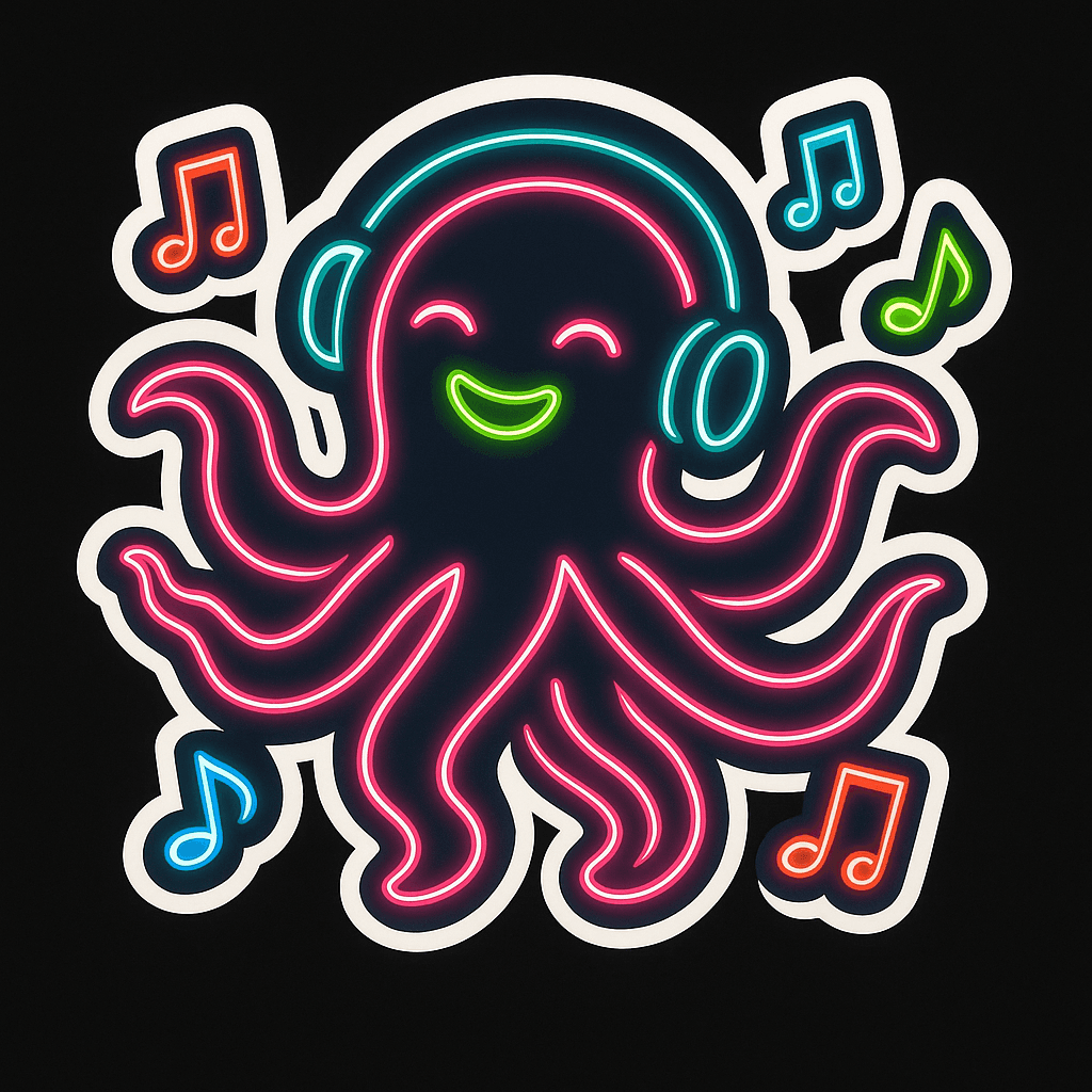 Neon Octopus DJ with Headphones and Music Notes