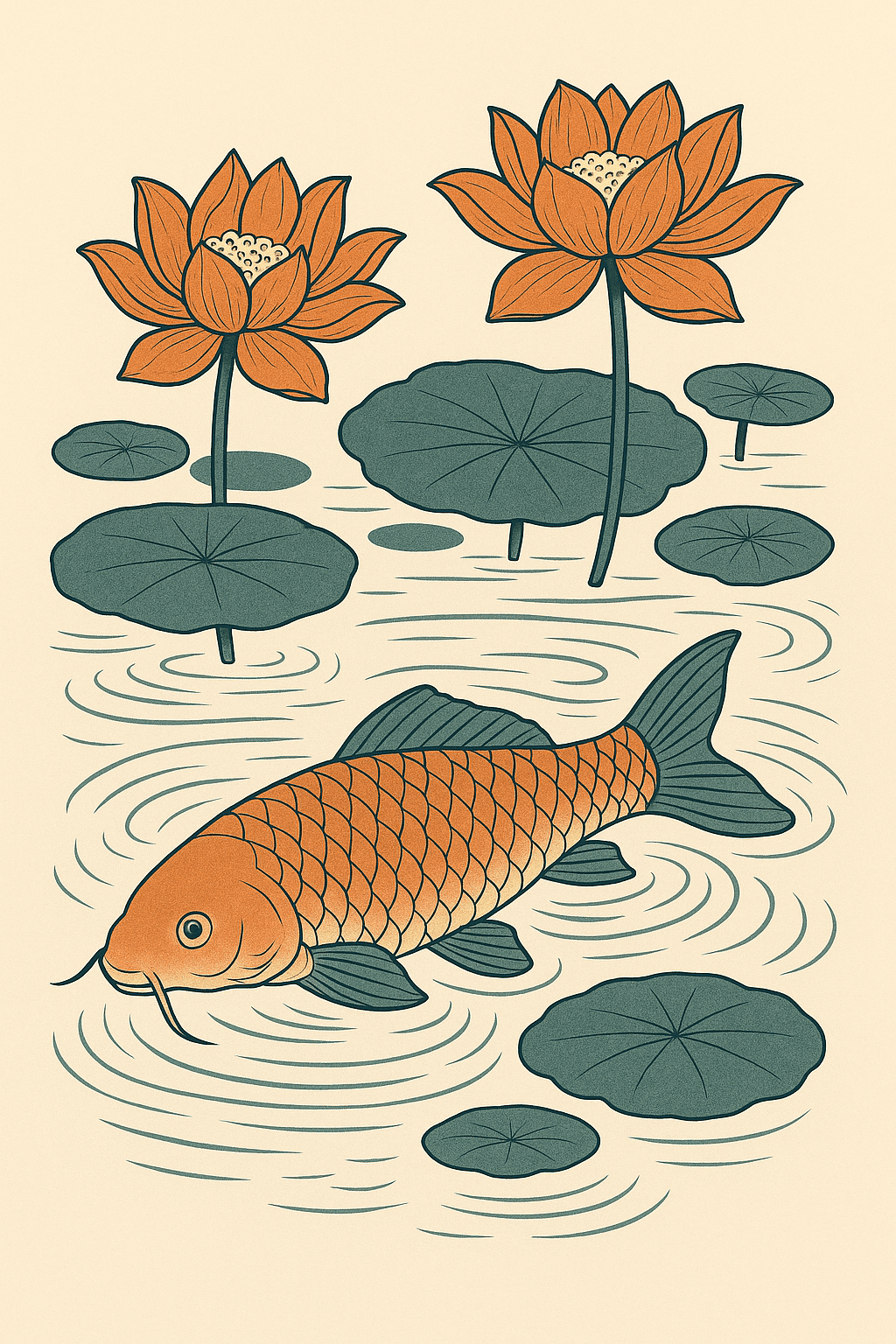 Serene Koi Fish with Lotus Blossoms Illustration