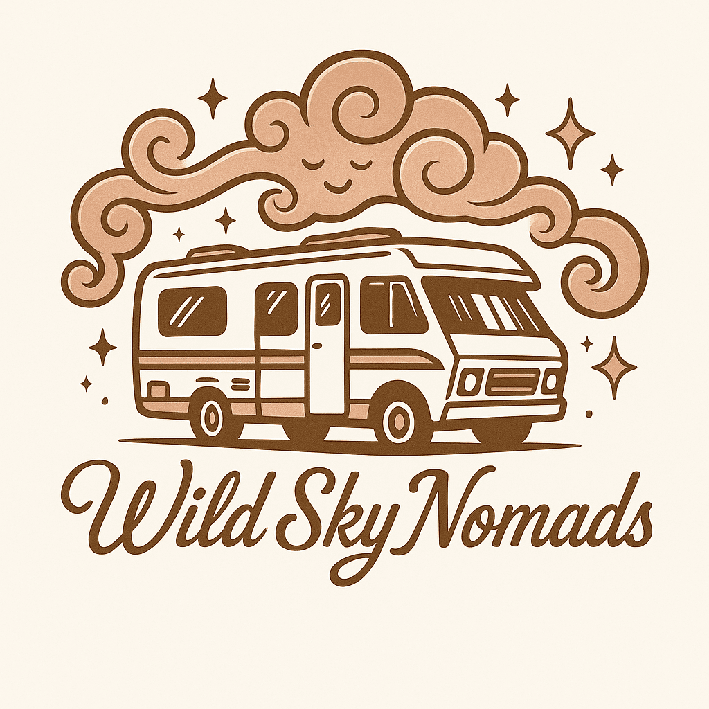 Vintage RV Adventure with Whimsical Sky Swirls