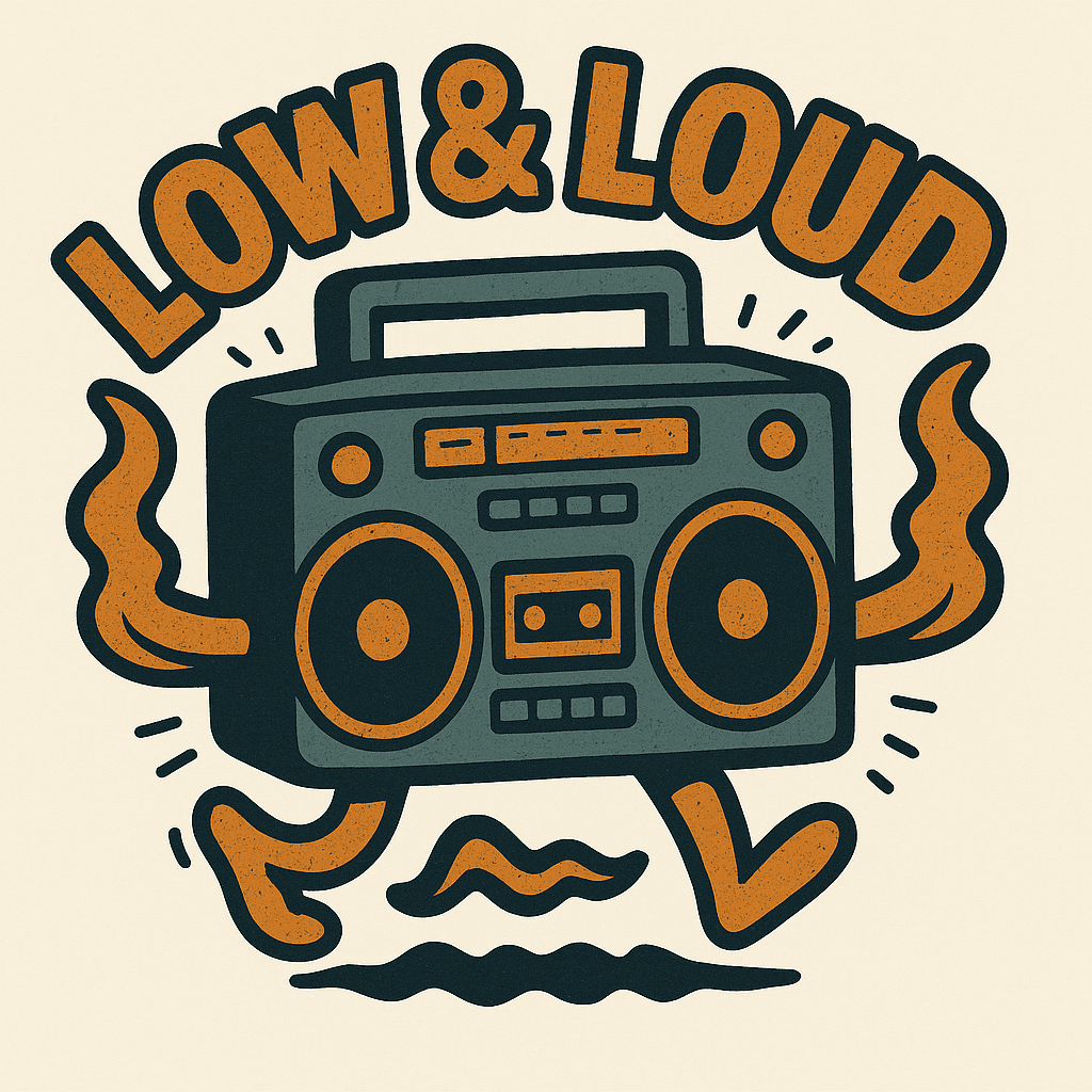 Retro Boombox with Low & Loud Slogan Sticker