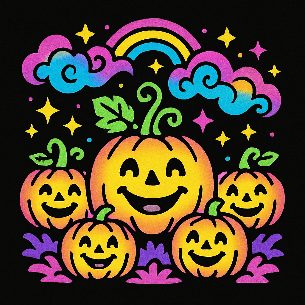 Bright Happy Pumpkins with Rainbow and Stars