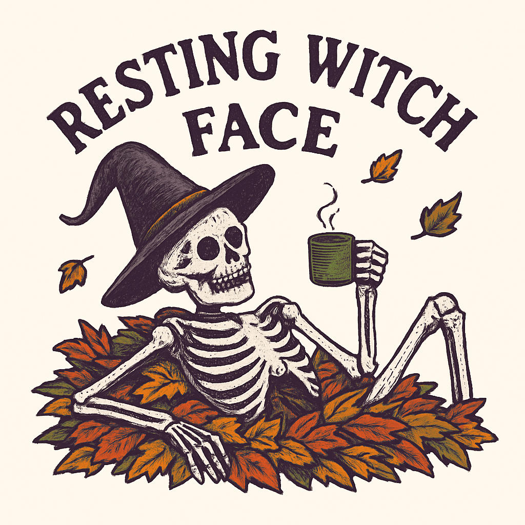 Resting Witch Face Skeleton with Coffee