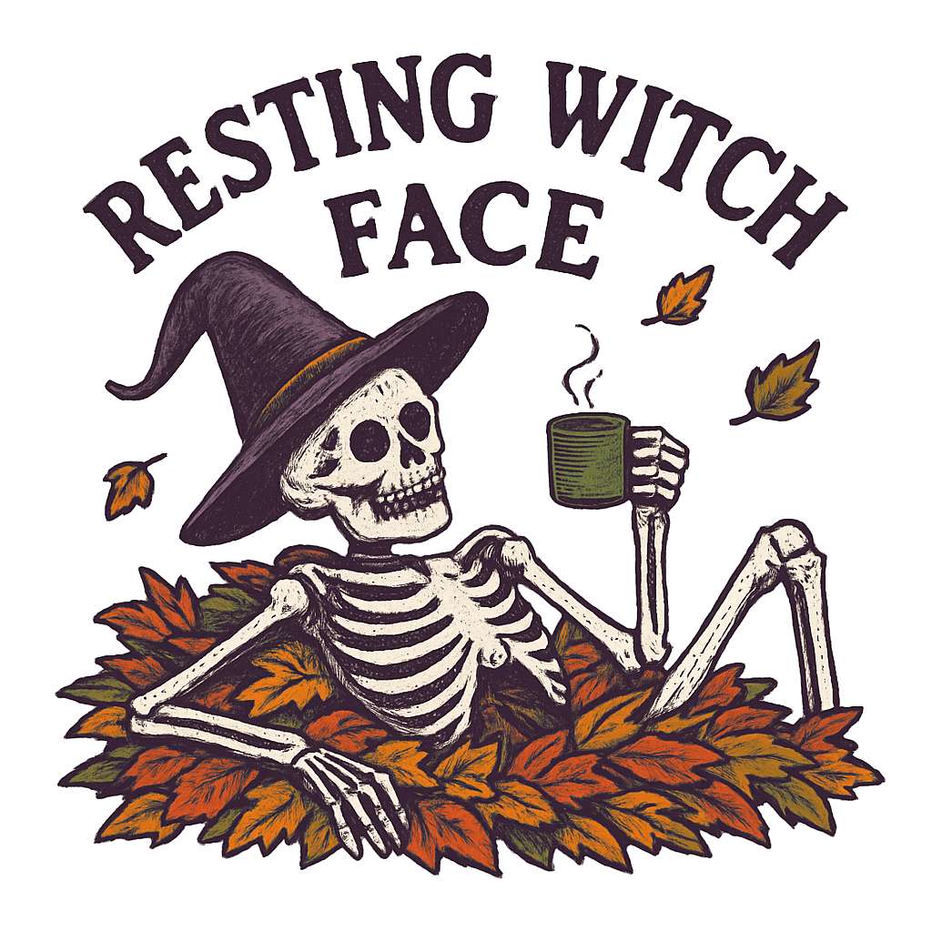 Resting Witch Face Skeleton with Coffee