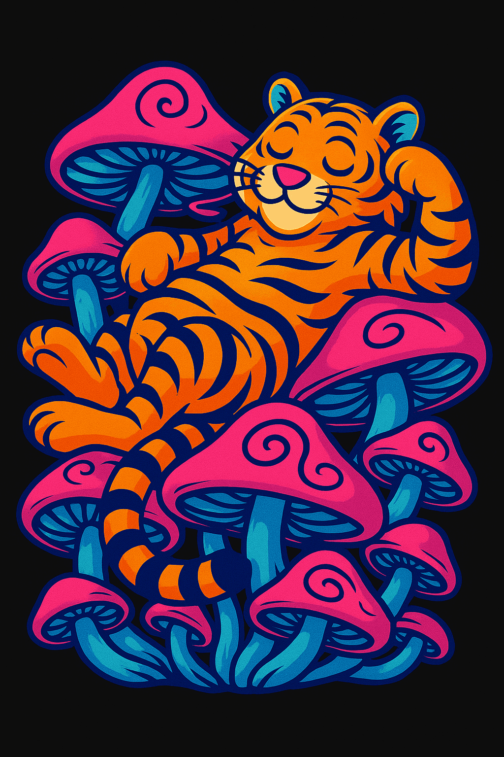 Chill Tiger Lounging on Vibrant Mushrooms