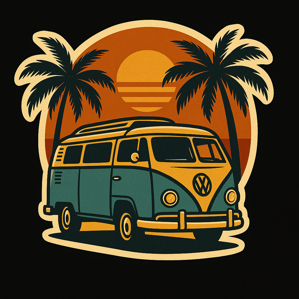 Retro Camper Van with Palm Trees and Sunset