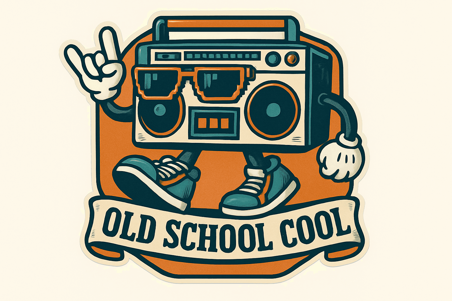 Retro Boombox Character with 'Old School Cool' Banner