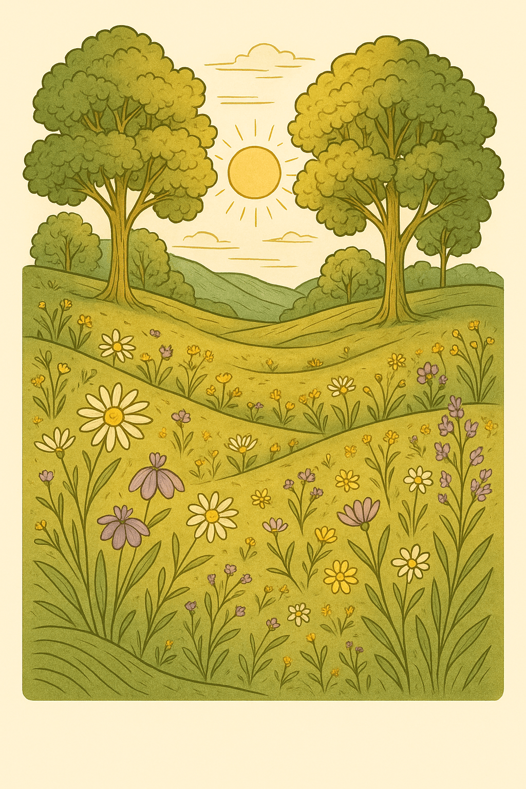 Serene Meadow with Wildflowers and Trees